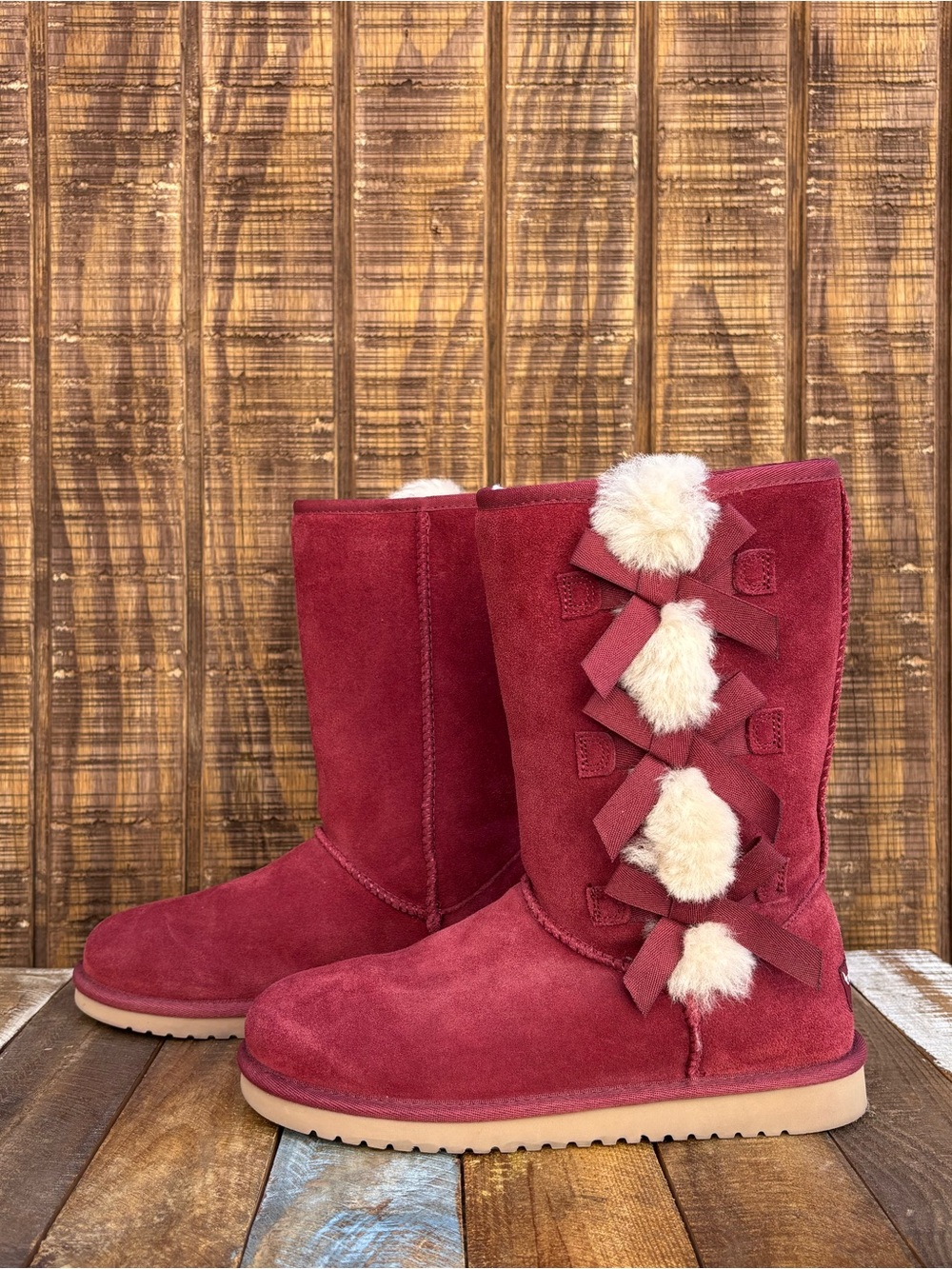 Koolaburra By UGG Victoria Red Wine Color Tall Boots With Pom-Pom Bows